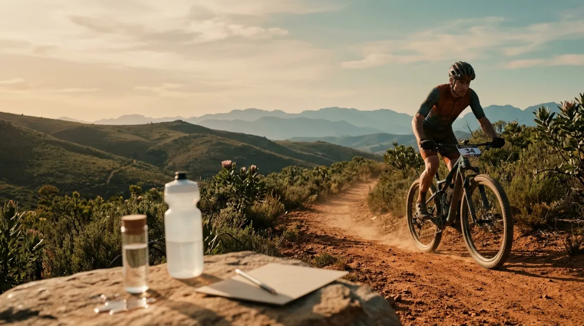 Wide landscape editorial photograph of a mountain biker mid-ride on a dusty red-orange singletrack trail in the South African Western Cape, golden hour light raking across the scene. The rider is in sharp focus on the right third of the frame, wearing a weathered cycling kit with a race number plate on the handlebars, dust kicking up from the rear tire. Behind them, rolling hills covered in fynbos shrubland and silhouetted protea plants fade into soft, hazy blue mountains. Warm amber sunlight creates long shadows and a soft rim light around the rider and bike.

In the lower left foreground, slightly out of focus, a small minimalist glass vial and a clear water bottle sit on a flat sun-bleached rock, with a few drops of liquid catching the light. Next to them, a simple matte paper notecard and a pencil suggest data collection, with no legible text. The vial and bottle are clean, understated, and modern, with no branding.

The color palette is earthy and refined: terracotta, ochre, sage green, dusty teal sky, and cream highlights. The composition uses shallow depth of field, a generous negative space in the upper left sky for headline overlay, and subtle film grain. The mood is contemplative, skeptical, and quietly sophisticated, like a feature photograph from a high-end outdoor sports and science magazine. Natural, candid, cinematic, shot on a 50mm lens with soft contrast and muted saturation. No futuristic elements, no glowing effects, no molecular graphics, no text.