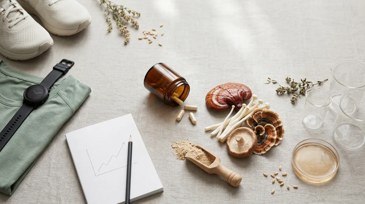 A wide, editorial-style flat lay photographed from above on a pale warm-gray linen surface in soft natural window light. At the center, a small open amber glass jar tips gently onto its side, spilling a few cream-colored capsules across the fabric. Next to the jar sits a loose arrangement of fresh mushrooms: a cluster of golden-tan reishi with glossy, lacquered caps, a few slender white enoki stems, a halved shiitake showing its pale gills, and a curl of turkey tail with concentric bands of rust, cream, and charcoal. A small wooden scoop holds a pile of fine beige mushroom powder.

On the left third of the frame, a matte black sports watch with a minimal face lies beside a folded sage-green running shirt and a pair of lightweight off-white running shoes, hinting at athletic training without showing a person. A slim white notebook with a single pencil rests nearby, open to a blank page with a faint hand-drawn line graph trending upward, in thin graphite strokes.

On the right side, a pair of clear glass beakers and a single small petri dish with a soft amber-tinted liquid add a subtle laboratory note, kept calm and organic. A single sprig of dried herbs and a few scattered oat-colored grains add texture.

The palette is earthy and refined: oatmeal, soft sage, terracotta, warm amber, and charcoal accents against the muted neutral background. Shadows are soft and diffused, with a gentle highlight on the glass and the glossy reishi cap. The composition leaves generous negative space in the upper right for a headline overlay. Shallow depth of field blurs the edges slightly, while the central mushrooms and capsules stay crisp. The overall feel is modern, clean, and trendy, like a wellness and science magazine cover, with tactile natural textures, minimal styling, and a quiet sense of curiosity and skepticism.