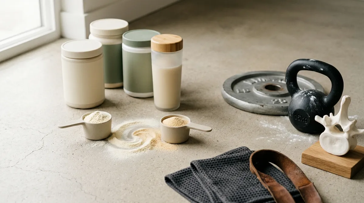 A wide, softly lit editorial still life on a pale warm-gray concrete surface, shot from a slightly elevated three-quarter angle. In the center-left, two matte ceramic scoops sit side by side. One holds fine ivory whey powder, the other holds slightly coarser, pale golden collagen peptide powder. A small, elegant dusting of both powders spills between them and blends into a soft swirl. Behind them, three minimalist cream and sage-green supplement tubs with no legible text stand in a staggered row, with a frosted glass shaker bottle of creamy liquid beside them.

On the right, a brushed-steel barbell plate and a compact chalk-dusted kettlebell rest slightly out of focus, suggesting resistance training. Pale wisps of chalk hang in the air. A folded charcoal gym towel and a pair of worn leather lifting straps lie in the foreground. A single cross-section of a clean white bone model, a stylized vertebra, rests on a small oak block at the far right. It subtly signals the bone-density theme without looking clinical.

Natural window light enters from the left, casting long, gentle shadows and a warm highlight on the powders. The palette is muted and modern: oatmeal, bone white, sage green, soft charcoal, and touches of warm amber. Shallow depth of field keeps the scoops tack-sharp and melts the background into creamy blur. Leave generous negative space in the upper right for headline overlay. The overall feel is a premium health and science journal cover: clean, tactile, minimalist, with fine film-like grain and a calm, editorial mood.