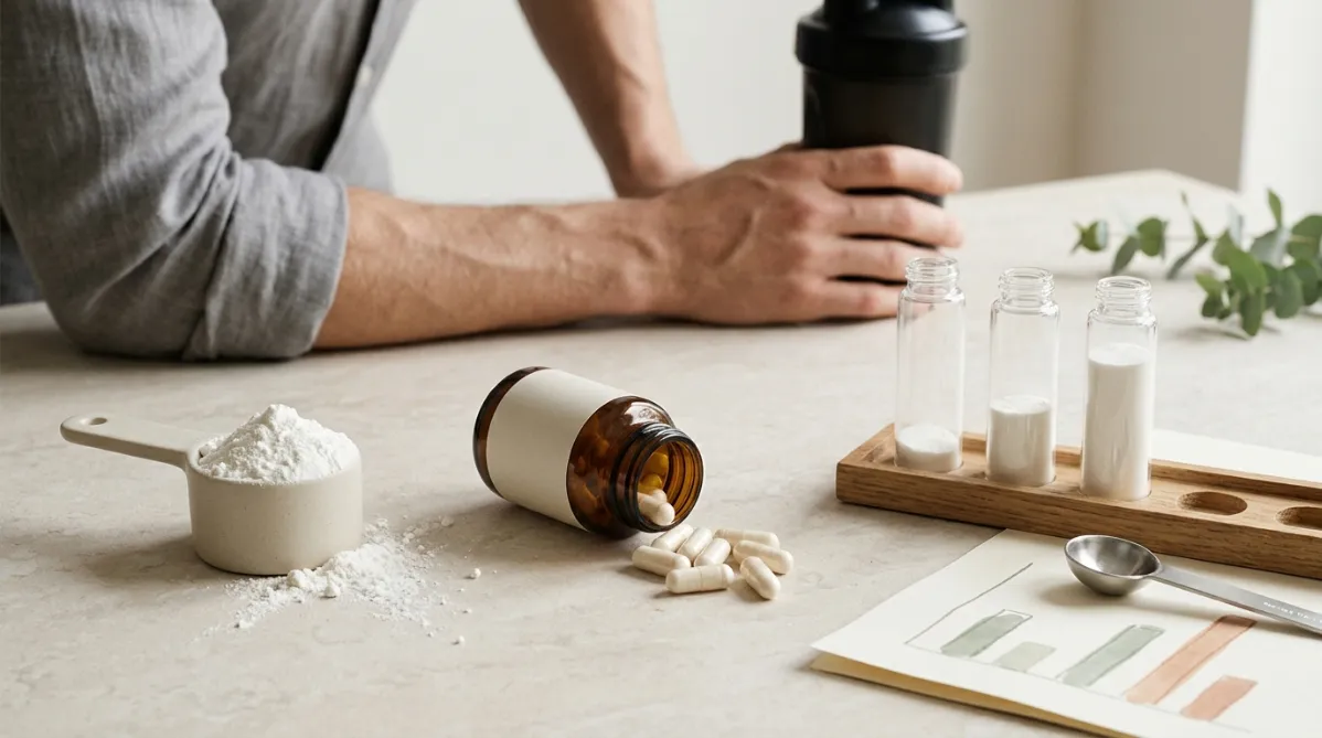 A modern editorial still life photographed from a slightly elevated angle on a pale, matte stone surface in soft natural window light. On the left, a heaping mound of fine white creatine monohydrate powder spills from a matte ceramic scoop, with a few crisp grains scattered across the surface. In the center, a small, minimalist amber glass capsule bottle sits tipped on its side, with a handful of off-white capsules spilling out. The label is blank and clean. On the right, a neat row of three clear glass lab-style vials rests on a slim oak tray. The vials hold different amounts of white powder: the first nearly empty, the second slightly fuller, the third filled almost to the brim. This quietly suggests the difference in dose and result. Beside the tray lies a simple stainless steel measuring spoon and a folded sheet of cream paper with soft, abstract bar-chart lines in muted sage green and terracotta. The lines are hand-drawn and unlabeled.

Behind the objects, slightly out of focus, a lean athletic forearm in a gray linen sleeve rests on the edge of the surface, one hand loosely holding a matte shaker bottle. This hints at a training context without showing a face. A single sprig of eucalyptus in the corner adds a soft organic touch.

The palette is warm neutral: bone white, oatmeal, soft sage, muted terracotta, and touches of amber. Shadows are gentle and long, with a shallow depth of field that gives creamy bokeh in the background. The mood is calm, clean, and trustworthy, like a premium health and science journal's feature spread, with generous negative space at the top and right for headline overlay. The composition is wide, balanced, and uncluttered, with subtle film-like grain and a natural, true-to-life color grade. No text, no logos, no futuristic elements.