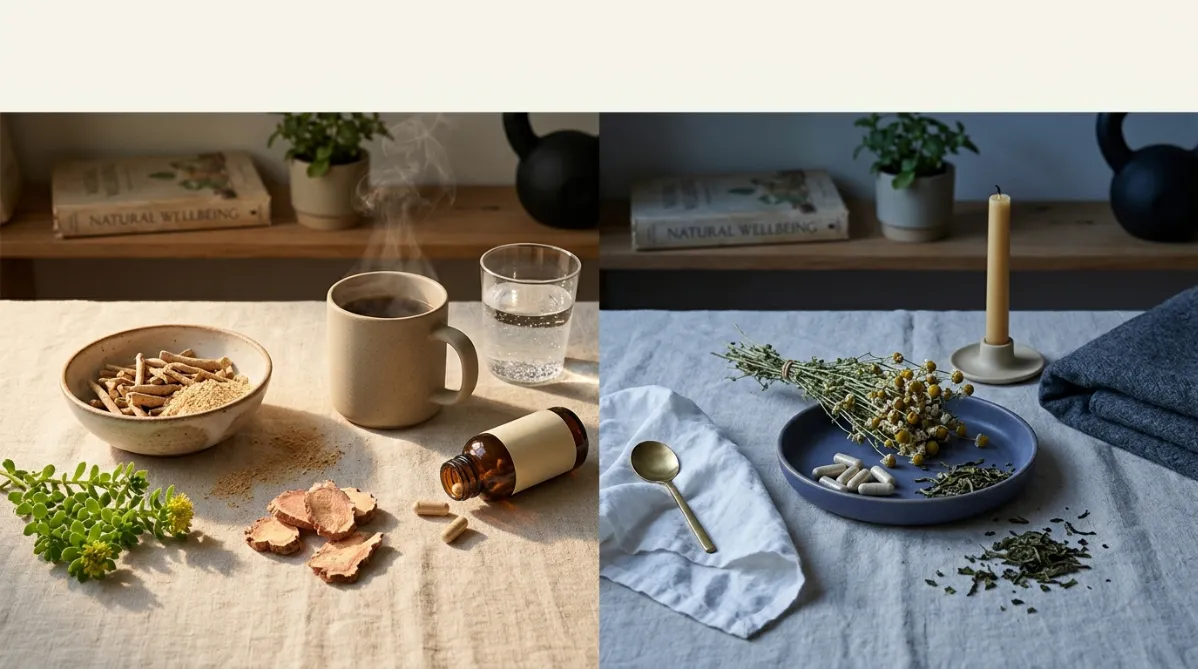 A landscape editorial still life shot from slightly above on a pale oat-colored linen surface, lit by soft morning window light with gentle long shadows. On the left, in warm golden sunlight, sits a small ceramic bowl of dried ashwagandha root pieces and a scatter of fine tan powder. Beside it are a few rough, rosy-gold slices of Rhodiola rosea root and a sprig of tiny succulent-like green leaves with yellow blossoms. A matte sand-colored stoneware mug of steaming tea and a simple glass of water stand nearby. A small amber glass bottle with a minimal unbranded label tips out two capsules.

The right side of the frame is cooler and bluer, as if dusk is arriving. It holds a muted indigo ceramic dish with a few pale capsules, a small bundle of dried chamomile flowers (the source of apigenin), and a few green tea leaves. A slim, unlit beeswax candle and a folded charcoal wool blanket suggest evening. The warm and cool halves meet softly in the center, where a rumpled white cotton napkin sits beneath a small brass spoon.

In the background, out of focus, a wooden shelf holds a worn paperback, a small potted plant, and the edge of a kettlebell in matte black, hinting at an active lifestyle. Subtle film grain, shallow depth of field, and a muted palette of cream, terracotta, sage green, and deep indigo give it a clean, modern wellness-magazine feel. Leave generous negative space in the upper third for a headline overlay. No text, no logos, no people.