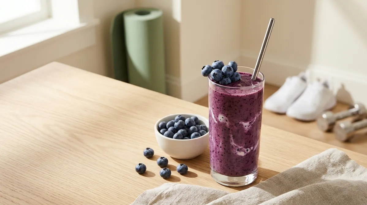 A bright, airy editorial photograph shot from above at a slight angle, showing a tall clear glass of deep violet blueberry smoothie on a pale oak wooden table. The smoothie has a creamy, velvety texture with a few lighter swirls, and a small cluster of fresh blueberries with dusty blue skins rests on the rim of the glass. A matte white ceramic bowl of whole blueberries sits to the left, with a few berries scattered naturally across the tabletop. A folded linen napkin in soft oatmeal tones and a stainless steel straw add subtle texture.

In the softly blurred background, a rolled-up sage green yoga mat leans against a light wall next to a pair of clean white running shoes and a small pair of brushed-metal dumbbells. A sliver of warm morning sunlight enters from the left window, casting gentle diagonal shadows and a golden glow across the table, with soft highlights on the glass and the berries' surface bloom.

The color palette is fresh and modern: deep indigo and violet from the smoothie, balanced by cream, warm beige, soft sage green, and touches of white. The composition follows the rule of thirds, with the glass placed on the right third and generous negative space on the left, suitable for headline overlay. Shallow depth of field, crisp focus on the glass and berries, creamy bokeh in the background. The mood is calm, healthy, and aspirational, like a contemporary wellness magazine or a trendy health journal website. Natural, realistic, high-end food and lifestyle photography style, 16:9 landscape format, clean and uncluttered.