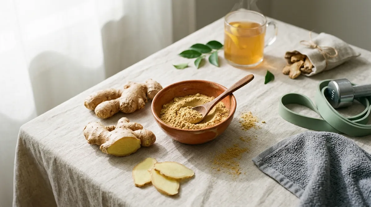 A wide, editorial-style still life photographed from slightly above on a pale oat-colored linen surface, lit by soft natural window light from the left. At the center sits a rustic ceramic bowl of finely ground golden-tan ginger powder, with a small wooden spoon resting in it and a light dusting of spice across the cloth. Beside it lie several whole ginger rhizomes, knobby and honey-brown. One is sliced open to show its pale yellow, fibrous interior, and a few paper-thin slices fan out in the foreground. On the right, a folded heather-gray gym towel, a matte sage-green resistance band coiled loosely, and a single brushed-steel dumbbell sit just inside the frame, softly out of focus. A glass of warm amber ginger tea steams faintly near the upper right, with a thin curl of lemon peel inside. A few fresh green leaves and a small linen pouch of dried ginger add texture. The palette is warm and muted: cream, soft gold, sage, terracotta, and charcoal accents. The shallow depth of field keeps the ginger bowl and sliced root crisp while the gym elements melt into a gentle blur. Shadows are long and soft, and the negative space on the upper left leaves room for a headline. The mood is calm, clean, and modern, like a contemporary wellness or science journal cover. It is a natural, tactile, high-resolution photograph with subtle film grain and no text, no people, and no futuristic elements.