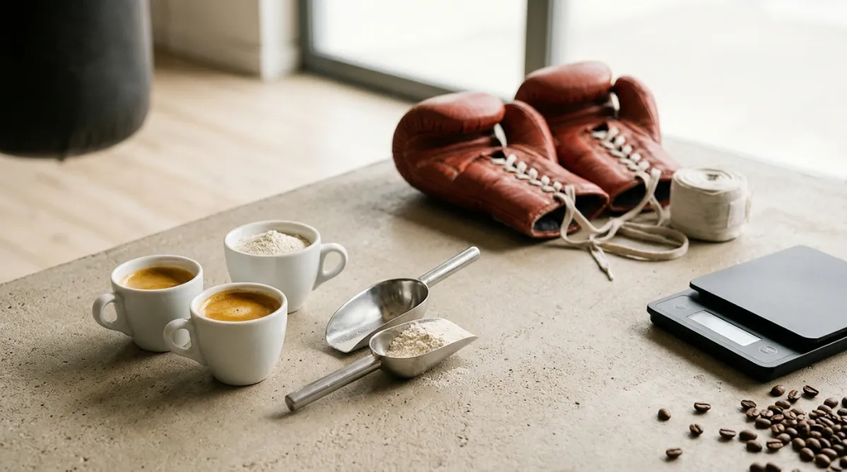 A landscape editorial photograph with a modern, clean magazine feel, shot on a pale warm-gray concrete surface in soft natural window light from the left. In the foreground, two matte white ceramic espresso cups sit side by side. The left cup holds a small amount of dark espresso with golden crema. The right cup is filled twice as high. Beside them, two small stainless steel scoops hold fine coffee-colored powder, one half full and one heaped, suggesting a dose comparison without any text or labels. A pair of worn red leather boxing gloves rests slightly out of focus behind the cups, laces loosely draped, with a white hand wrap rolled neatly beside them. A minimalist digital kitchen scale in matte black sits at the edge of the frame, with a few roasted coffee beans scattered across the surface. In the soft-focus background, a boxing gym corner appears: a hanging heavy bag in muted charcoal, pale wood plank flooring, and a tall window with diffused morning light. The palette is warm cream, espresso brown, brick red, and soft slate gray, with gentle shadows and a shallow depth of field. The composition follows the rule of thirds, with the cups and scoops in the lower left third and open negative space on the right for headline overlay. The look is tactile and refined, like a high-end health and performance journal. It has natural grain, subtle contrast, and a calm, confident mood. There are no people, no text, no logos, and no futuristic elements.