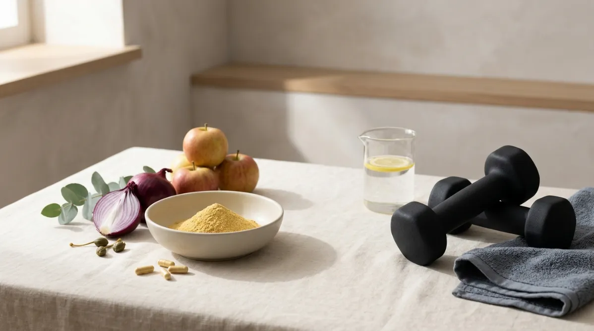 A wide, softly lit editorial still life on a warm off-white linen surface. At the center-left, a matte ceramic bowl holds a small mound of fine golden-yellow quercetin powder, with a few scattered capsules beside it. Next to the bowl sit fresh red onions (one halved to show its translucent purple layers), a few capers, and a small cluster of ripe apples with the skin on, all natural quercetin sources. On the right side of the frame, a sleek matte-black dumbbell rests at an angle beside a folded slate-gray gym towel. A minimalist glass beaker of water with a thin lemon slice sits just behind it.

Soft diffused morning window light enters from the upper left, casting gentle long shadows and subtle highlights on the powder and glossy onion skin. The color palette is muted and sophisticated: butter yellow, deep plum, warm cream, charcoal, with small touches of sage green from a single eucalyptus sprig. A subtle, out-of-focus background of pale plaster wall and a wooden shelf adds depth.

Shallow depth of field, shot from a slightly elevated three-quarter angle with a 50mm lens feel. Generous negative space in the upper right for a title overlay. The mood is clean, calm, and modern, like a premium wellness and science journal feature: tactile textures, natural materials, restrained composition, high-end editorial photography, and no text or logos.