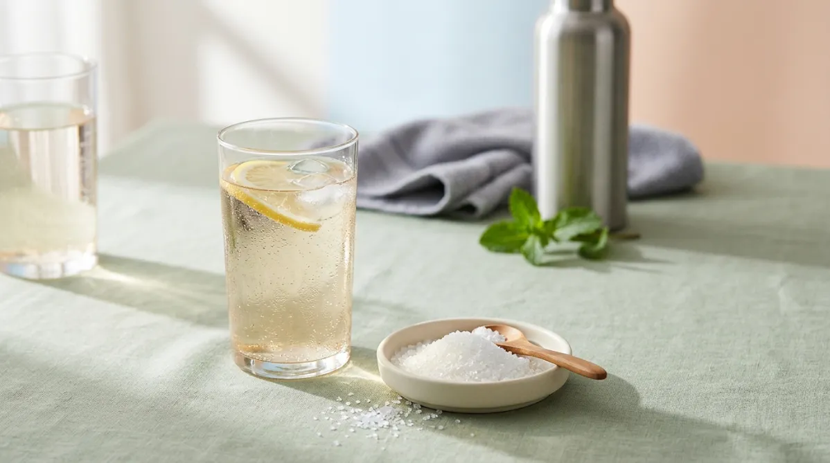 A wide, airy editorial still life photographed on a pale sage-green linen surface in soft morning window light. At the center sits a tall, clear glass of lightly sparkling water with a faint golden tint, beaded with condensation, a thin slice of lemon and a few ice cubes floating inside. Beside it, a small shallow ceramic dish in matte cream holds a mound of fine, translucent white crystals of rare sugar, with a tiny wooden spoon resting at its edge and a few crystals scattered across the linen, catching the light like frosted sea salt. To the left, a second glass of the same size stands slightly out of focus, suggesting a comparison without any branding or labels. In the soft background, a folded gray athletic towel, a minimalist stainless steel water bottle with no logo, and a sprig of fresh mint sit gently blurred. Long diagonal shadows from the window fall across the surface, adding depth and a calm, clean mood. The color palette is muted and modern: sage green, warm cream, soft blush peach, pale sky blue highlights in the glass and a touch of citrus yellow from the lemon. The composition follows the rule of thirds, leaving generous negative space on the right side for a headline overlay. Shallow depth of field, crisp focus on the glass and crystals, subtle film grain, high-end wellness magazine aesthetic, natural, fresh, and understated. No people, no text, no futuristic elements, no laboratory equipment.