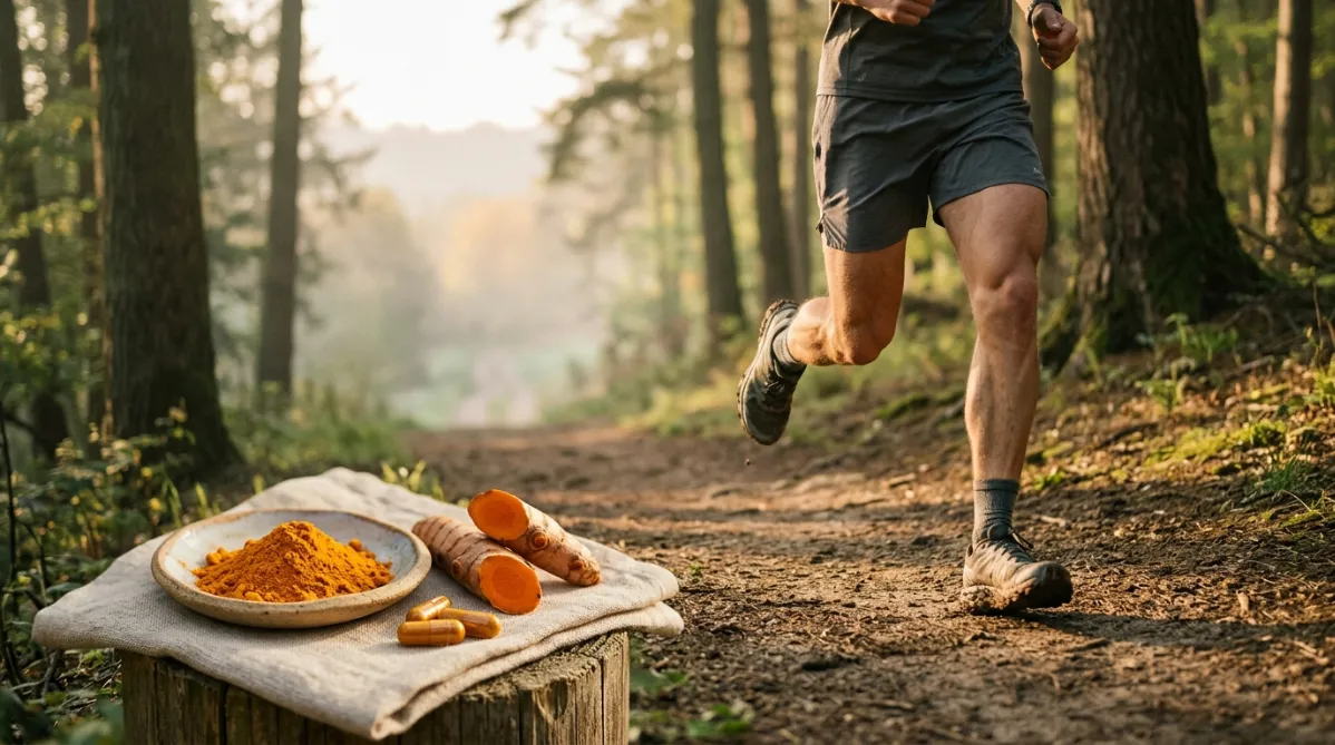 A wide, editorial-style photograph of a male runner mid-stride on a gently sloping forest trail at early morning, shot from a low three-quarter angle. Soft golden light filters through tall trees and casts long dappled shadows across the packed dirt path. The runner is captured from the waist down and slightly from the side, wearing charcoal running shorts and worn trail shoes, with the quadriceps and thigh muscles defined and naturally lit. A fine mist hangs in the background, and the slope descends toward a blurred, softly glowing horizon.

In the foreground, slightly out of focus on a weathered wooden post or flat mossy stone at the trail's edge, rests a small ceramic dish holding a pile of vivid golden-orange turmeric powder. Beside it sit two fresh turmeric roots, one cut open to show a deep saffron interior, and a few amber capsules. A thin linen cloth is draped beneath them. The saturated yellow-orange of the turmeric contrasts with the cool green and muted brown tones of the forest, creating a strong color anchor on the left third of the frame.

The composition follows the rule of thirds, with the turmeric in the lower left foreground and the runner in the right two-thirds, leaving open negative space in the upper left for headline text. Shallow depth of field, creamy bokeh, and natural film-like grain give it a refined, modern health-and-science magazine feel. The palette is warm and earthy: golden amber, moss green, soft cream, and deep umber. The lighting is natural and gentle, with subtle rim light on the runner's calves and hamstrings. No text, no logos, no graphics, and no futuristic elements. The result should feel clean, calm, and aspirational, like a cover image for a premium wellness and sports-nutrition journal.
