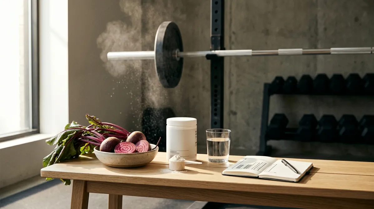 A sun-lit editorial still life on a pale oak gym bench: a loaded barbell rests on a rack just above it, chalk dust drifting in the air. In the foreground sits a small ceramic bowl of roasted beets, some sliced to show their deep magenta rings, with a few whole beets still wearing their leafy burgundy stems. Next to the bowl is a matte white supplement tub with a minimal label, a wooden scoop of fine white powder, and a clear glass of water catching soft highlights. A slim notebook lies open beside them with a simple hand-drawn bar graph and a pen, suggesting data and analysis without any readable text. Behind the bench, a softly blurred minimalist training space: raw concrete wall, tall window with warm morning light, a rack of black dumbbells fading into bokeh. The palette is earthy and modern: beet magenta, warm cream, charcoal, brushed steel, and touches of sage green from the beet leaves. Soft directional light from the left creates long gentle shadows and a slight film-grain texture. Shallow depth of field keeps the beets and powder tack sharp. The composition is wide and balanced, with negative space on the right for headline overlay. The overall feel is a clean, contemporary health and fitness journal photograph, warm and tactile, with an understated scientific tone.