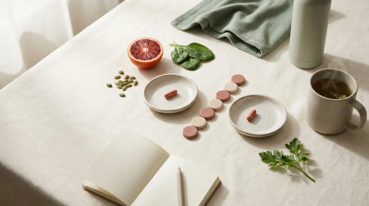 A bright, airy editorial flat-lay shot from slightly above, on a soft warm-white linen surface with gentle natural window light and long, soft shadows. Two small ceramic dishes sit side by side at the center. The left dish holds a single small capsule in muted terracotta. The right dish holds one small capsule in the same color, with a noticeable empty space beside it to suggest rhythm and spacing. Between them lies a minimalist wooden calendar block or a row of seven small round ceramic discs in alternating tones, dusty rose and cream, evoking an every-other-day pattern. Around the dishes are fresh, iron-rich foods arranged with restraint: a halved blood orange, a few deep green spinach leaves, a small scattering of pumpkin seeds, and a sprig of parsley. A folded sage-green athletic towel and a slim, modern water bottle sit at the upper edge, hinting at women who train. A matte ceramic mug of herbal tea sits at the right with a faint curl of steam. A small notebook with a pen lies open at the lower left, its pages blank, suggesting lab results and tracking without any legible text. The palette is soft and cohesive: warm cream, dusty rose, terracotta, sage green, with small accents of deep coral. The mood is calm, clean, and wellness-oriented, like a contemporary health and science journal feature. Shallow depth of field keeps the capsules sharp and softly blurs the edges of the frame. The composition leaves generous negative space on the left third for title overlay. The look is a high-end lifestyle photograph with subtle film grain, natural textures, and refined minimalism, with no people, no text, and no futuristic or laboratory elements.