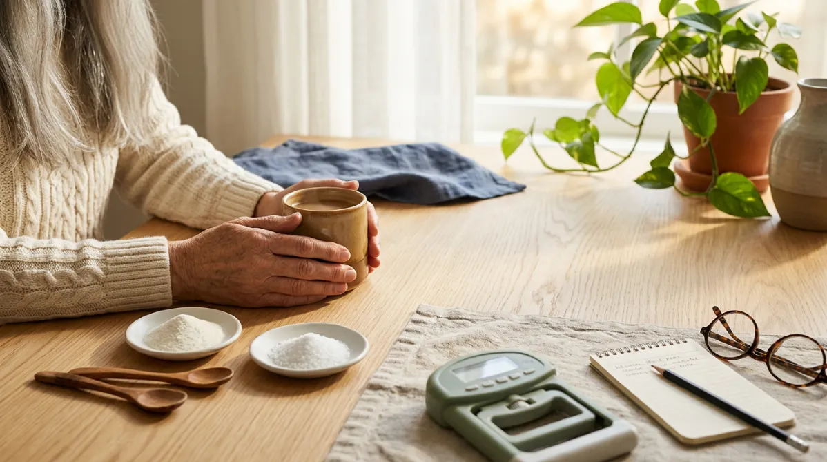 A landscape editorial photograph of a sunlit kitchen table in soft morning light. An older adult's hands, with silver hair and a cream knit sleeve just visible, rest around a ceramic mug. Beside the mug are two small matte white ceramic dishes. One holds a mound of fine white powder, and the other holds a slightly different crystalline white powder. Two wooden spoons lie next to them. A handheld hand-grip dynamometer in muted sage green sits on a linen placemat in the foreground, slightly out of focus. A small open notebook with a pencil and a pair of round tortoiseshell reading glasses sit nearby, with no legible text.

The tabletop is pale oak with a visible grain. Behind it, a window with sheer curtains lets in warm golden light, and the blurred shapes of a trailing green pothos plant and a pale terracotta vase show in the background. The color palette is warm cream, sage green, soft terracotta, and pale wood, with a touch of muted navy from a folded napkin. The mood is calm, thoughtful, and quietly scientific without any laboratory feel.

The composition follows the rule of thirds. The hands and dishes sit in the left-center, and generous negative space on the right is suitable for a title overlay. Shallow depth of field, 50mm lens look, gentle film grain, and soft shadows. Modern lifestyle-magazine and health-journal aesthetic, natural and unstaged, high-end editorial photography.