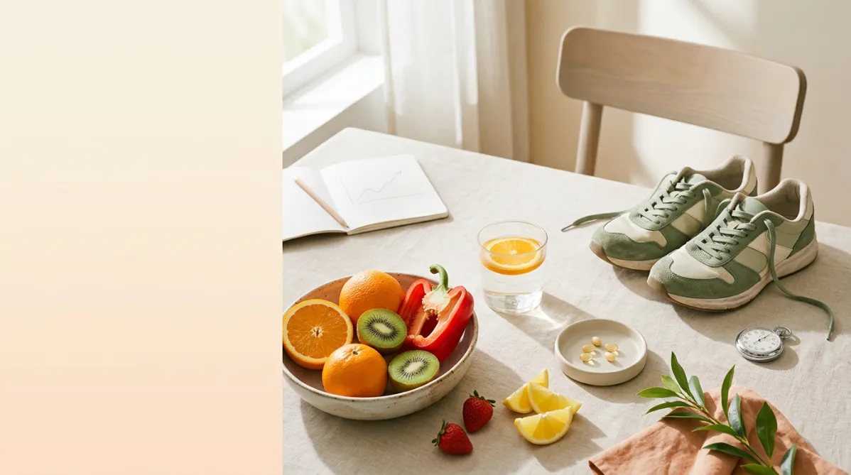 A bright, airy editorial still life photographed from slightly above on a pale oat-colored linen surface, in soft natural window light with gentle long shadows. In the foreground, a rustic ceramic bowl holds halved and whole oranges, glossy red bell pepper slices, and a few kiwi halves with emerald flesh. Beside it sit loose strawberries and a small pile of bright yellow lemon wedges. Their colors pop against the muted neutral palette. A single clear glass of water with a slice of orange rests nearby, catching the light.

On the right side of the frame, a pair of well-worn but clean walking sneakers in sage green and cream sits casually on the surface, with one lace loosely trailing. Behind them, a simple wooden chair with a light ash finish is partly visible and slightly out of focus, a quiet nod to the sit-to-stand test. A small stainless-steel stopwatch lies next to the shoes, with a subtle reflective glint.

A minimalist ceramic dish holds a few small, round, pale-yellow vitamin capsules, kept understated. A sprig of green leaves and a folded cotton napkin in soft terracotta add a warm accent. A small open notebook with a pencil rests in the upper left, its page blank except for faint, abstract pencil lines suggesting a simple rising graph, with no legible text.

The composition leaves generous negative space on the left third for title overlay, with a soft cream-to-peach gradient background. The mood is fresh, healthy, and contemplative, like a modern wellness magazine or a trendy online journal. The color palette is warm citrus orange, sunny yellow, sage green, and soft cream, with gentle terracotta accents. The depth of field is shallow, with crisp focus on the fruit and shoes and a creamy blur in the background. The overall look is clean, natural, and editorial, with fine film-like grain, true-to-life color, and a calm, optimistic tone. Landscape 16:9 framing.