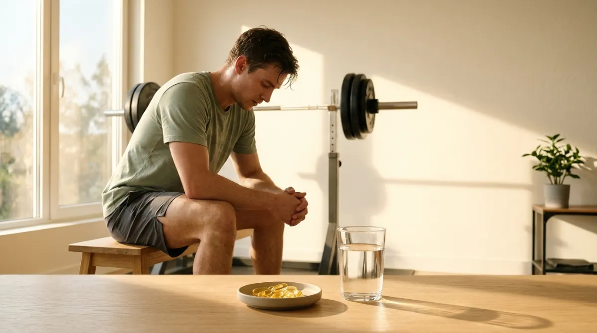 A sunlit, minimalist home gym corner photographed in soft golden morning light, with a young athletic man seated on a wooden bench, leaning forward with his elbows resting on his knees, catching his breath after a hard leg session. He wears a muted sage-green t-shirt and charcoal shorts, his face turned slightly away from the camera, calm and focused. A matte ceramic dish in the foreground holds a few small, translucent golden softgel capsules, with a glass of water beside it catching the light and casting a soft caustic shadow across a pale oak floor. Behind him, a loaded barbell rests on a squat rack, slightly out of focus, and a tall window pours warm sunlight diagonally across the scene, creating long gentle shadows and a hazy glow. A small potted green plant sits on a shelf at the edge of the frame. The color palette is warm and editorial: cream, soft gold, sage green, pale wood, and charcoal accents. Shallow depth of field, with crisp focus on the capsules and glass in the lower third and a creamy bokeh background. The composition leaves generous negative space on the right side for a headline overlay. The mood is clean, modern, and aspirational, like a high-end wellness magazine or a trendy health journal feature. Shot on a 50mm lens, natural light, fine film grain, subtle matte finish, landscape 16:9 framing.