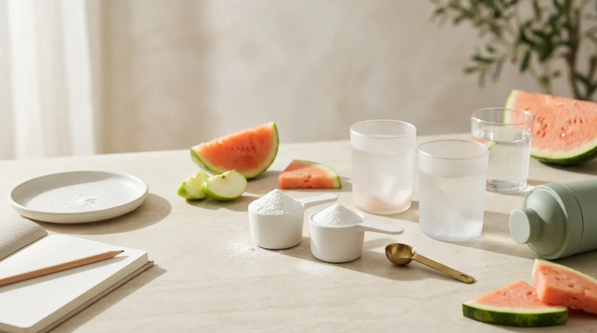 A bright, minimalist editorial still life shot from a slightly elevated three-quarter angle on a pale oat-colored stone countertop, bathed in soft natural window light with gentle long shadows. In the center sit two matching matte white supplement scoops, side by side. One is heaped with fine white crystalline powder, the other holds an almost identical pile, so the viewer is invited to compare them. Beside them are two simple frosted glass tumblers of cloudy water, each with a small whisper of powder swirling at the bottom. A third glass of clear water sits slightly apart, as a quiet nod to the placebo.

Scattered around the scene are fresh, sliced watermelon wedges with vivid coral-pink flesh and pale green rinds, and a few sliced green apples with crisp white interiors, hinting at the natural sources of citrulline and malic acid. A small brushed-brass measuring spoon and a minimalist matte sage-green shaker bottle rest at the edge of the frame. Off to one side, a clean ceramic dish holds a few loose grains of powder, and a slim linen notebook with a pencil lies open to a blank page, suggesting data and study notes without any legible text.

The color palette is soft and modern: warm cream, blush coral, sage green, and touches of brass, with a faintly blurred background of a sunlit kitchen or studio with a pale plaster wall. Shallow depth of field keeps the scoops tack sharp while the background melts into a creamy bokeh. The composition leaves generous negative space on the left third of the frame for a title overlay. The overall mood is calm, trustworthy, and trendy, like a contemporary wellness and science journal cover, with crisp detail, subtle film-like grain, and a clean, airy, balanced feel.