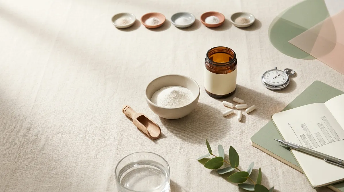 A wide, editorial-style still life photographed from slightly above on a pale oat-colored linen surface, lit by soft morning window light from the left. In the center sits a small matte ceramic bowl holding a mound of fine white powder, with a minimalist wooden scoop resting beside it. Next to the bowl is an open amber glass supplement jar with a plain cream label, and a few white capsules spill across the linen in a loose arc.

To the right, a neatly arranged cluster of analog "study" objects suggests careful measurement: a vintage stopwatch with a clean white face, a slim notebook with a sage-green cover open to a hand-drawn bar chart (blurred, no legible text), and a mechanical pencil lying across the page. A small row of six identical ceramic dishes, each holding a pinch of powder, is lined up along the top edge of the frame to hint at the six-week trial. One dish is slightly out of alignment, a subtle visual cue for ambiguity.

A shallow glass of water and a single sprig of green eucalyptus add a calm, organic note in the foreground. Soft, long shadows fall across the textured linen, and the palette stays restrained: warm cream, soft sage, muted terracotta, pale gray, and touches of amber from the glass jar. A few translucent paper cutouts in two tones (sage and blush) overlap in the upper right corner as a modern graphic accent, evoking overlapping data points without showing any numbers.

Depth of field is shallow, with the bowl and stopwatch in crisp focus and the edges gently softened. The composition leaves generous negative space on the left third for title text overlay. The overall mood is thoughtful, balanced, and quietly skeptical, in the style of a contemporary wellness and science magazine: clean, tactile, minimal, with a subtle film-like grain and natural color grading. No people, no futuristic or sci-fi elements, no readable text or logos.