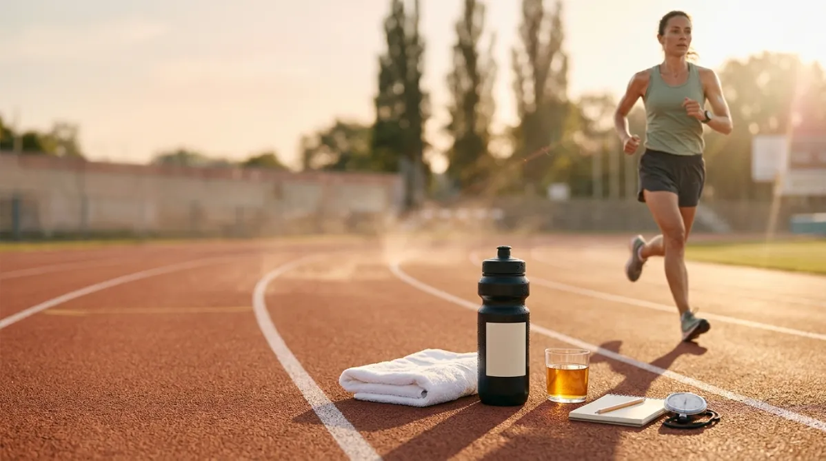 A sunlit outdoor running track in late afternoon, shot from a low angle with shallow depth of field. In the foreground, a matte black bottle with a minimal off-white label sits on the edge of a warm terracotta-colored track lane, beside a folded white towel and a small glass of amber liquid catching golden light. Condensation beads on the bottle. A faint heat shimmer rises from the track surface and softens the background.

In the midground, slightly out of focus, a lean athlete in a sage-green tank top and charcoal shorts runs on a treadmill-like stretch of track, a thin sheen of sweat on their shoulders, their expression focused and calm. Their motion is gently blurred, suggesting endurance and rhythm. Long soft shadows stretch across the lane lines.

The background fades into hazy peach, apricot, and pale yellow tones, with the suggestion of tall trees and a distant stadium wall. Warm sun flare enters from the upper right, creating a subtle glow and a few soft light streaks across the frame.

Subtle editorial touches: a small notebook with a pencil and a stopwatch rest beside the bottle, hinting at data and timing without any text legible. The color palette is warm and muted, with terracotta, cream, sage, and charcoal accents, and a fine film-like grain. The composition leaves open negative space on the left third for a headline overlay. The overall mood is clean, modern, and health-journal inspired, natural and aspirational, with a calm scientific curiosity rather than hype.