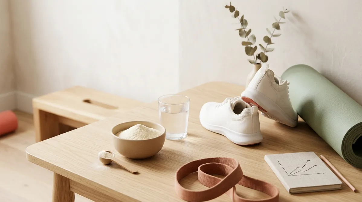 A calm, modern editorial still life shot from a slightly elevated angle on a pale oak wooden table, bathed in soft morning window light with gentle diffused shadows. In the center-left, a small matte ceramic bowl in warm oatmeal tone holds a measured heap of fine, creamy-white collagen peptide powder, with a minimalist wooden scoop resting beside it. Next to it sits a clear glass of water with delicate condensation. On the right side of the frame, a rolled-up sage green yoga mat leans against a light plaster wall, and a pair of clean, minimalist white running sneakers sits slightly off-center, one tilted to show the heel and the back of the ankle area. A thick, natural-fiber resistance band in muted terracotta is coiled loosely in the foreground. In the background, a wooden step or low plyometric box suggests calf-raise exercise, softly out of focus. A small linen notebook lies open with a handwritten simple line graph showing two rising lines, one steeper than the other, with a thin pencil beside it, and no legible text. A sprig of dried eucalyptus in a slim bud vase adds an organic touch. The palette is warm neutrals: cream, oat, sand, soft terracotta, sage, with a subtle pop of muted coral. The mood is thoughtful, health-conscious, and reassuring, like a premium wellness and sports science magazine. Shallow depth of field, crisp texture on the powder and wood grain, subtle film-like grain, generous negative space on the upper left of the frame for headline overlay. Landscape 16:9 composition, clean, uncluttered, airy, and contemporary.