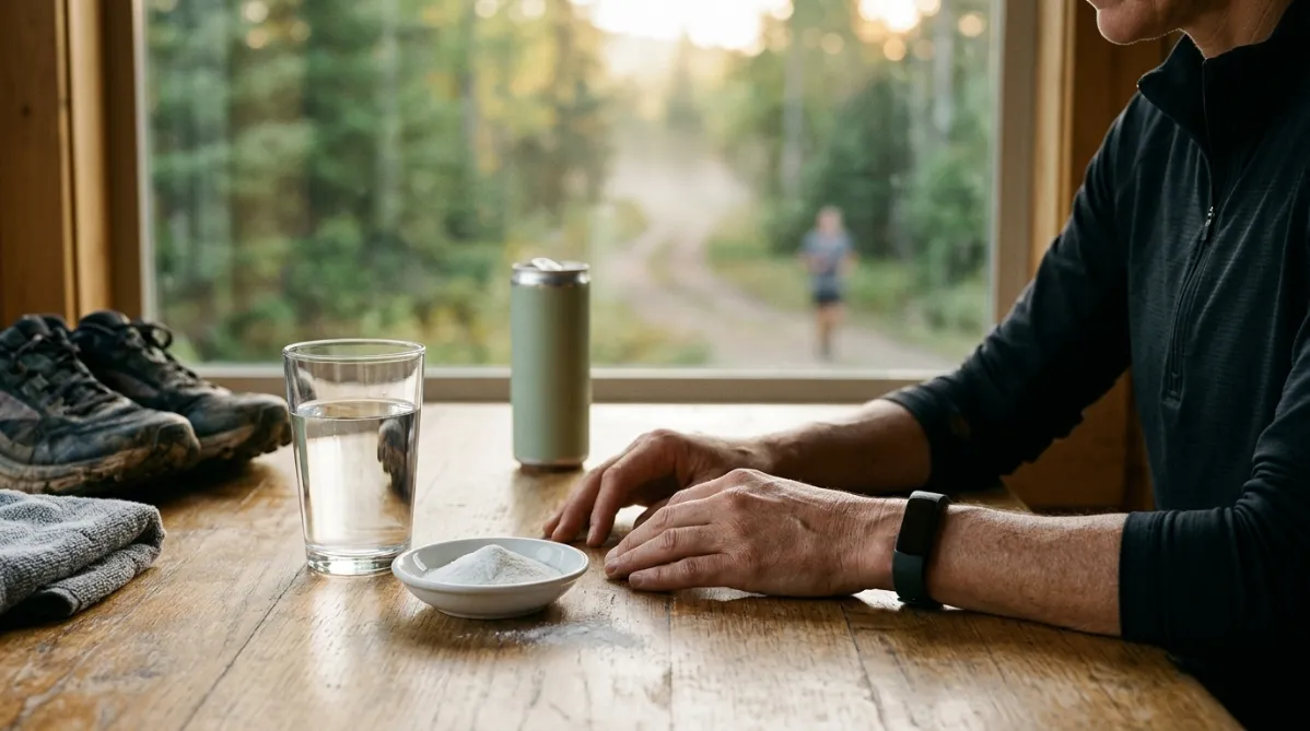 A landscape editorial photograph of a lone runner's hands resting on a weathered wooden table beside a small white ceramic dish of fine white powder and a clear glass of water, shot in soft morning light. A slim matte aluminum energy drink can, unbranded with a minimalist pale sage-green label, stands slightly out of focus in the background, with a single scoop of powder dusted lightly on the tabletop. A pair of worn running shoes and a folded gray towel sit at the edge of the frame. Through a large window behind them, a blurred misty trail winds through green trees at sunrise, with warm golden light spilling across the scene.

The color palette is calm and modern: creamy off-white, sage green, warm honey gold, and soft charcoal. The composition follows the rule of thirds, with the dish and glass in the lower left third and generous negative space on the right for a title overlay. The depth of field is shallow, with a crisp focus on the powder's delicate texture and tiny glints of light on the glass rim. The mood is clean, thoughtful, and quietly energetic, like a contemporary health and science magazine feature. Natural grain, subtle film-like softness, and gentle shadows give it an authentic lifestyle-editorial look. There are no text, logos, or futuristic elements, only tactile, real-world materials like wood, ceramic, glass, cotton, and metal.