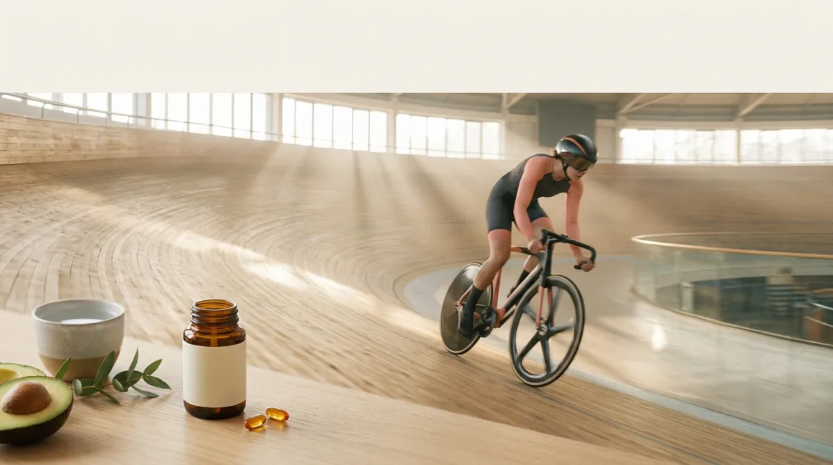 A wide, editorial-style photograph of a professional track cyclist mid-stride on a velodrome's sloping wooden boards, captured from a low side angle with a shallow depth of field. The cyclist is in a sleek matte charcoal and soft coral skinsuit with an aerodynamic helmet, slightly motion-blurred, while the wood grain of the track glows in warm honey tones. Soft morning light streams through high arena windows, creating long, gentle beams and a subtle haze.

In the foreground, slightly out of focus, a minimalist still-life is arranged on a pale oak surface: a small amber glass supplement bottle with a clean cream label, two golden-orange softgel capsules resting beside it, and a ceramic cup of water. A small sprig of green leaves and a halved avocado add a fresh, natural touch, hinting at taking the supplement with fat. The composition places the still-life in the lower left third, with the cyclist blurring into the background on the right, creating a layered sense of depth.

The color palette is warm and refined: creamy off-white, honey wood, muted coral, soft amber, and touches of sage green. A thin, elegant overlay of subtle graph-like lines, such as two delicate rising curves in white, one slightly higher than the other, floats faintly over the upper right negative space, suggesting the small performance gap without any text or numbers. The overall look is clean, modern, and magazine-quality, like a wellness and sports science journal feature, with natural film-like grain, soft contrast, and generous negative space at the top for headline placement. Landscape 16:9 composition, calm and sophisticated mood, no text, no logos.
