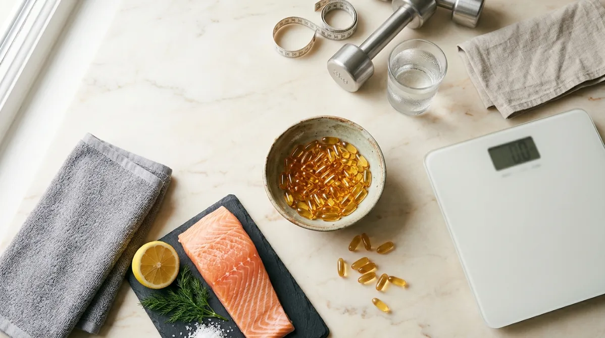 A wide, editorial-style flat lay photographed from above on a pale, warm-toned marble surface with soft natural window light coming from the left. At the center sits a shallow ceramic bowl filled with glistening golden-amber fish oil capsules, a few spilled casually onto the marble. Beside the bowl, a sleek minimalist bathroom scale in matte white sits at the right edge, its digital display blurred so it appears static. To the left, a neatly folded heather-gray athletic towel rests beside a small cluster of fresh ingredients: a halved lemon, a sprig of dill, and a fillet of raw salmon on a slate board, its coral-pink flesh with delicate white marbling catching the light. Near the top of the frame, a pair of brushed-steel dumbbells in a light finish and a soft tape measure curl loosely across the surface, suggesting body composition tracking without being clinical. A small glass of water with condensation and a linen napkin add quiet lifestyle detail. The color palette is calm and modern: cream, soft sage green, warm gold, coral, and muted gray. Shadows are soft and diffused, with gentle highlights on the capsules making them glow like tiny amber beads. The composition has generous negative space on the upper left for headline text, with a shallow depth of field that keeps the capsules and salmon crisp while the edges fall softly out of focus. The overall mood is clean, health-conscious, and contemporary, like a high-end wellness magazine or science journal cover, with a subtle film-like grain and natural, true-to-life tones. No people, no text, no futuristic elements.