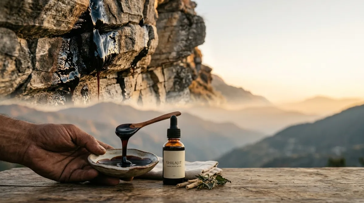A wide, editorial-style photograph of a rugged Himalayan cliff face at golden hour, with dark, glossy resin seeping from the cracks in the layered stone. Thick, tar-like droplets catch the warm light and shine like polished obsidian. In the foreground, a weathered hand holds a small, rustic ceramic dish with a spoonful of purified Shilajit. The resin is deep brown-black, glossy, and stretches in a slow, viscous ribbon from the spoon. Beside the dish sits a simple, minimalist amber glass dropper bottle with a plain cream label, a folded linen cloth, and a few scattered dried herbs, suggesting a modern wellness ritual. The mid-ground shows soft layers of misty mountain ridges fading into a pale peach and dusty blue sky. The background is gently blurred, with shallow depth of field and creamy bokeh. The color palette is earthy and muted: warm ochre, charcoal, sage green, and soft cream, with a subtle film-grain texture. Natural side lighting creates long, gentle shadows and highlights the textures of the stone, resin, and ceramic. The composition follows the rule of thirds, with the dish and bottle in the lower left and open negative space on the right for headline overlay. The mood is calm, grounded, and credible, like a high-end health and science magazine feature, with a refined, contemporary, slightly documentary look. There is no text, no people's faces, and no futuristic elements.