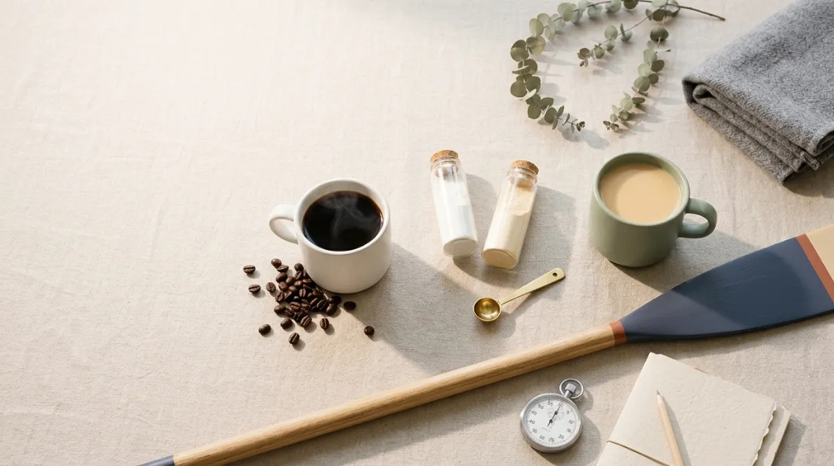 A wide, editorial-style flat lay photographed from above on a pale oat-colored linen surface in soft morning window light. On the left, a small matte white ceramic cup of black coffee with a delicate swirl of steam, beside a few scattered roasted coffee beans. On the right, a second matte sage-green ceramic cup holding a pale, creamy golden tea-like drink, mirroring the first. Between them, two small glass vials with cork stoppers sit side by side: one holding fine white powder, the other holding slightly warmer cream-colored powder, with a tiny brass measuring spoon resting nearby. In the lower foreground, a slim wooden rowing oar lies diagonally across the frame, its blade edge softly entering from the right, painted a muted navy with a thin terracotta stripe. A minimalist analog stopwatch with a brushed-steel case rests near the oar, and a folded cream notebook with a thin pencil suggests data-taking. In the upper corner, a crescent-shaped dried eucalyptus sprig and a small folded gray wool throw hint at sleep and calm without being literal. The palette is warm and restrained: oat, cream, sage, soft navy, terracotta, and espresso brown. Shadows are long and gentle, with shallow depth of field and subtle film grain, giving a refined, modern wellness-magazine feel. Generous negative space on the left third of the composition leaves room for a headline overlay. Clean, calm, tactile, and contemporary, with no text, logos, or futuristic elements.