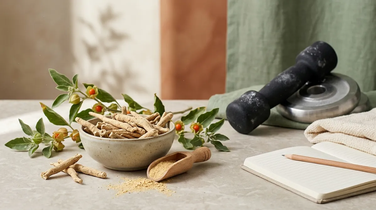 A wide editorial still life on a pale, warm-gray stone surface lit by soft morning window light from the left. In the foreground, a rustic ceramic bowl in matte oatmeal glaze holds dried ashwagandha roots, pale tan and gnarled, with a few scattered beside it. A small wooden scoop dusted with fine golden-beige powder rests next to the bowl. Behind them, a few olive-green ashwagandha sprigs with small orange-red berries in papery husks arc across the frame, adding a quiet pop of color.

Midground right: a matte black chalk-dusted dumbbell handle and a single brushed-steel weight plate lean casually against a linen-textured backdrop in muted sage. A folded cream cotton towel and a slim notebook with a pencil suggest a training log. The notebook is open to blank, softly lined pages with no legible text.

The background fades into a gentle blur of neutral beige and soft terracotta tones, with a hint of a plant shadow cast across the wall in dappled light. Fine dust and powder particles float in the light beams, giving a tactile, organic feel.

The composition follows the rule of thirds: botanical elements on the left and center, gym elements on the right, and negative space in the upper right for headline overlay. Shallow depth of field, crisp focus on the roots and powder, creamy bokeh behind. Color palette: sage green, warm sand, terracotta, charcoal black, and a touch of burnt orange. The mood is calm, modern, and trustworthy, like a premium wellness and science magazine. Photographed on a 50mm lens, natural grain, subtle film-like contrast, clean minimalist styling, high-end editorial photography.