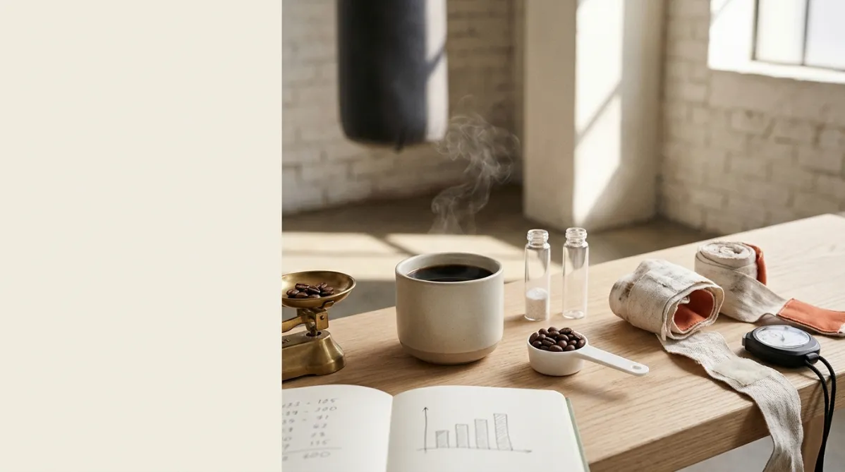 A wide, editorial-style still life shot from a slightly elevated angle on a pale oak gym bench, bathed in soft morning window light. In the center sits a matte ceramic cup of black coffee with delicate steam curling upward, flanked by a small white scoop of coffee beans and two identical glass vials, one filled with a few grains of fine powder and one empty, hinting at dose comparison. Next to the cup rests a pair of worn white boxing hand wraps, loosely coiled, and a slim black stopwatch with its face softly visible. In the foreground, a minimalist notebook lies open with blurred handwritten numbers and a simple pen sketch of a bar graph with bars of equal height, subtle and unreadable, suggesting a null result without any legible text. A small brass kitchen scale sits to the side with a few coffee beans on its tray.

In the soft-focus background, a boxing gym interior is visible: a hanging heavy bag in muted charcoal, exposed brick wall painted off-white, and tall windows casting long diagonal light across the floor. The color palette is warm and restrained: cream, sand, espresso brown, soft charcoal, with a single accent of muted terracotta orange in the hand wraps and a faint sage green in the notebook cover. Shallow depth of field with creamy bokeh, fine film grain, and gentle shadows give it a contemporary lifestyle-magazine and wellness-journal feel. The composition leaves generous negative space on the left third for headline overlay. Clean, calm, trendy, and tactile, with natural textures like wood grain, ceramic glaze, and cotton fabric. No people, no text, no futuristic elements.