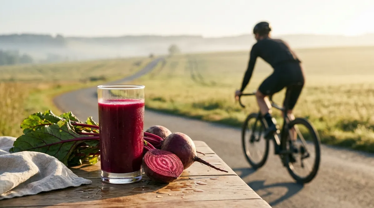 A cyclist in a fitted matte-black kit, shot from a low three-quarter angle, rides a sunlit country road at early morning, slightly out of focus with soft motion blur on the wheels. In the foreground on the left sits a rustic wooden table with a tall glass of deep magenta beetroot juice. Condensation beads on the glass, and the light catches its vivid jewel-toned color. Beside it lie two whole beetroots with their leafy red-veined greens still attached, and one halved beet shows concentric crimson-and-pink rings. A small linen napkin and a scatter of water droplets add an editorial still-life feel.

The background is a gently rolling landscape with golden-green fields and a thin ribbon of asphalt curving toward the horizon. Pale mist hangs low and warm sunlight comes from the right, creating long soft shadows and a golden rim light on the glass and the cyclist's silhouette. The shallow depth of field keeps the juice and beets crisp while the rider stays a dreamy blurred suggestion of speed.

The palette is rich magenta, burgundy, warm cream, sage green, and soft gold, with muted, slightly desaturated tones in the background so the beetroot color stands out. The composition follows the rule of thirds, with the still-life in the lower left third and open negative space in the upper right for the title. The overall look is a clean, modern lifestyle-magazine photograph with natural film-like grain, calm and athletic, and no text, logos, or futuristic elements.