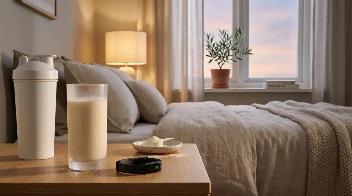 A softly lit bedside table in a calm, modern bedroom at dusk, photographed in wide landscape format with shallow depth of field. In the foreground, a matte white shaker bottle sits beside a tall frosted glass of creamy, pale vanilla-colored protein shake, with a few condensation droplets catching warm light. Next to the glass rests a slim fitness band on a dark charcoal fabric strap, its small LED glowing a gentle green, lying casually on a light oak wooden surface. A small scoop of fine white protein powder rests on a ceramic dish nearby, with a light dusting of powder on the wood.

In the soft-focus background, a neatly made bed with oatmeal-colored linen bedding and a textured knit throw blanket. A sheer curtain filters the last peach and lavender light of evening from a large window. A small potted olive branch in a terracotta vase and a closed paperback book add a quiet editorial touch. A bedside lamp with a warm, cream-colored shade casts a golden glow across the scene and creates gentle highlights on the glass.

The palette is muted and harmonious: warm cream, soft sand, oatmeal beige, faint sage green accents, and touches of dusty lavender in the window light. The mood is peaceful, reassuring, and clean, like a contemporary wellness magazine or a trendy health journal feature. Lighting is natural and cinematic, with soft shadows and a subtle film-like grain. The composition follows the rule of thirds, with the shake and band on the left third and open negative space on the right for headline overlay. Minimalist, Scandinavian-inspired styling, high-end lifestyle photography, crisp details, and a tranquil, premium editorial feel.