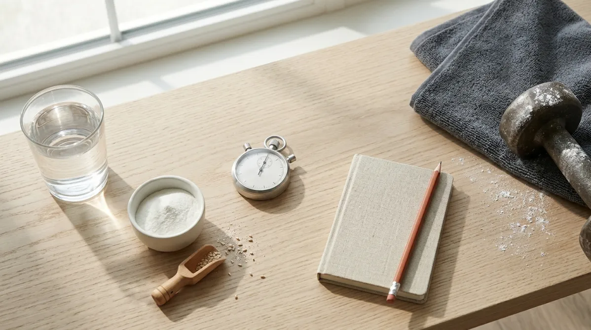 A landscape, editorial-style flat lay photographed from above on a pale oak gym bench or a matte light-gray concrete surface. On the left side, a clear glass of water sits next to a small matte white ceramic bowl of fine white creatine powder, with a wooden scoop resting beside it and a few loose grains scattered naturally on the surface. In the center, a modern analog wall-style clock face is replaced by a simple minimalist stopwatch in brushed steel, its hands paused, subtly suggesting timing without any text or numbers emphasized. On the right, a neatly folded charcoal gym towel and a single chalk-dusted dumbbell handle enter the frame at the edge, with a faint dusting of white chalk on the wood. A small linen notebook with a pencil rests slightly off-center, its pages blank, hinting at data and study without any readable writing.

The color palette is soft and restrained: warm cream, oatmeal, sage green, and muted slate, with one accent of terracotta orange in the pencil or a small ceramic dish. Light comes from a large window at the upper left, casting long, gentle diagonal shadows and a soft highlight across the glass of water, creating delicate caustic reflections on the surface. The depth of field is shallow, with the creatine bowl and scoop in crisp focus and the edges softly blurred. The composition leaves generous negative space on the upper right for a headline overlay. The overall feel is calm, clean, and contemporary, like a wellness and science journal's cover image, with natural textures, subtle film grain, and a refined, premium magazine look. No people, no logos, no text, and no futuristic elements.