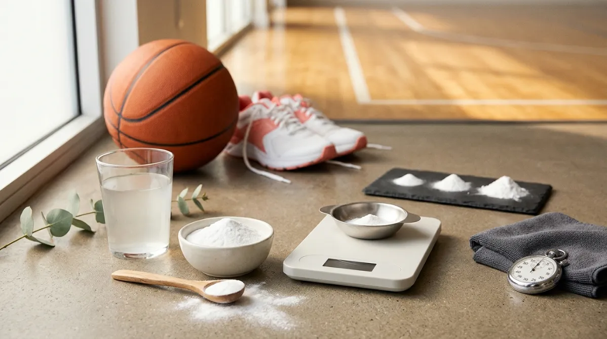A wide, editorial-style still life shot from a slightly elevated angle on a pale, warm-gray concrete surface lit by soft natural window light from the left. In the center foreground, a clear glass of cloudy water sits beside a small white ceramic bowl heaping with fine white baking soda powder, a wooden measuring spoon resting beside it with a light dusting of powder spilling across the surface in a graceful arc. Next to them, a minimalist digital kitchen scale in matte white shows a small portion of powder in a shallow dish. Slightly behind, an orange basketball is partially in frame, its pebbled texture catching the light, resting beside a pair of clean white and coral athletic sneakers with the laces loosely undone. A folded charcoal gray towel and a stainless steel stopwatch lie to the right, the stopwatch face crisp and legible. Three small, neatly arranged piles of white powder on a slate tile in the midground, in ascending sizes, hint at different doses without any text or labels. In the soft-focus background, the faint outline of an indoor basketball court with warm honey-colored hardwood floor and blurred lane lines stretches across the frame, glowing with golden-hour light. The color palette is restrained and modern: warm off-white, soft gray, burnt orange, and touches of sage green from a single sprig of mint or eucalyptus laid near the glass. Shallow depth of field, crisp textures on powder grains and the ball's surface, gentle shadows, subtle film-like grain. Clean negative space in the upper right for headline overlay. The mood is calm, sleek, and contemporary, like a premium health and sports science magazine cover, with a fresh, minimalist composition and no people, no text, and no futuristic elements.