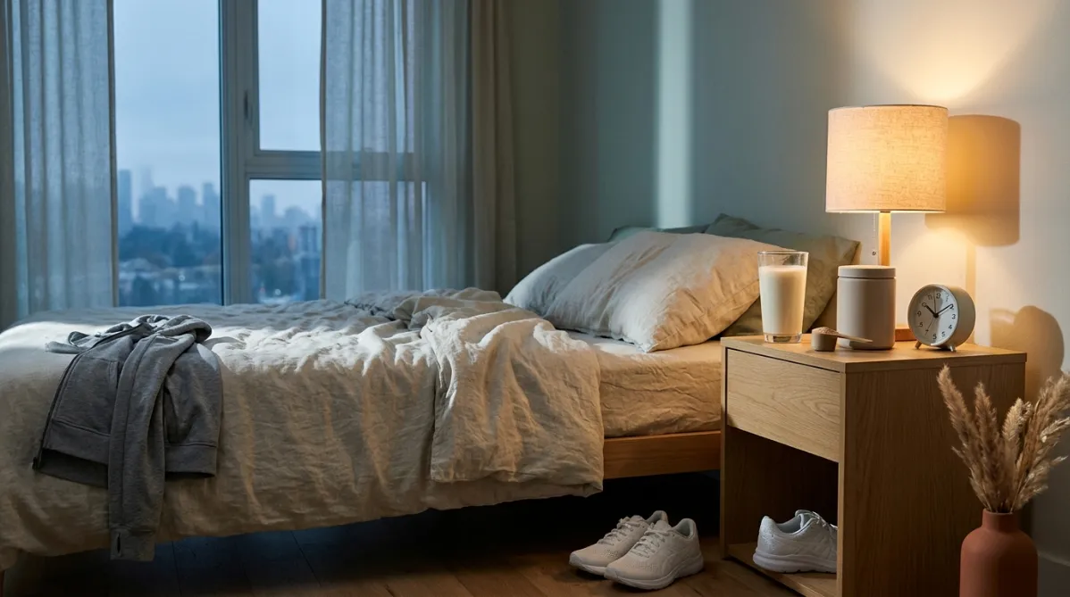 A wide, softly lit bedroom scene at dusk, styled like a modern editorial photograph. In the foreground, a rumpled bed with textured oatmeal linen sheets and a single dented pillow sits beside a light oak nightstand. On the nightstand is a tall glass of creamy, milky white protein shake, a small wooden scoop and a matte ceramic tub with no readable label, beside a minimalist analog alarm clock. The clock's hands show a late hour, and it casts a faint shadow on the wall. A pair of clean white running shoes rests on the floor by the bed. A folded gray athletic hoodie lies at the foot of the bed, suggesting an athlete's lifestyle.

Warm amber light from a bedside lamp mixes with cool blue-gray twilight from a tall window with sheer curtains. The glow lands on the glass and gives the milky surface a soft sheen. Through the window, a muted city skyline fades into evening haze.

The palette is calm and sophisticated: warm cream, soft sage green, dusty blue, and a touch of terracotta from a small ceramic vase holding dried pampas grass. The composition follows the rule of thirds, with the glass and clock in the right third and open negative space on the left for headline text. Shallow depth of field keeps the glass and clock crisp while the background blurs gently.

The mood is quiet, slightly restless, and thoughtful, hinting at a night that does not go as planned. A subtle detail, a half-drawn curtain letting in a thin stripe of light across the rumpled sheets, suggests interrupted sleep. The look is clean, contemporary, and magazine-quality, with fine film grain, natural tones, and soft shadows, like a lifestyle wellness journal cover. No people, no text, no futuristic elements.