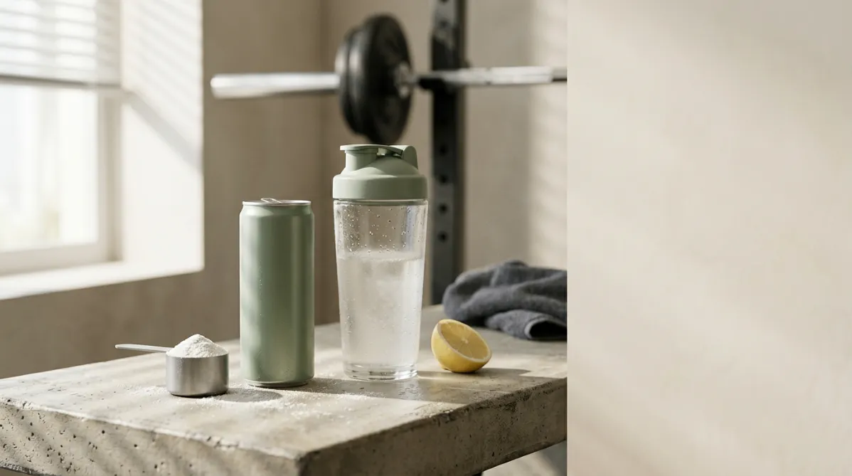 A sleek aluminum energy drink can and a matte scoop of white pre-workout powder sit side by side on a pale concrete gym bench, lit by soft morning window light. The can is slim and minimalist, with a muted sage green label and no legible text. Beside it is a clear glass shaker half full of cloudy, lightly frothy liquid with condensation beading on its surface. A few fine grains of powder are scattered across the bench, catching the light. Behind them, slightly out of focus, a stainless steel barbell rests on a rack, and a folded charcoal gym towel sits at the edge of the frame.

The color palette is warm neutral: oatmeal, soft gray, and sage, with a single accent of pale citrus yellow from a halved lemon wedge placed near the glass. A thin, elegant shadow from the window blinds falls diagonally across the scene, giving it an editorial, magazine-style rhythm. The composition leaves generous negative space on the right third of the frame, a smooth blurred wall in warm off-white, suitable for headline text overlay.

The shot is a low-angle, shallow depth-of-field product-style photograph, as if taken with an 85mm lens at f/2. The foreground objects are tack sharp and the background melts into creamy blur. The mood is calm, clean, and modern, like a wellness or science journal feature. Subtle film grain and gentle contrast add a tactile, contemporary lifestyle feel. There are no people, no logos, and no futuristic or sci-fi elements, just a quiet, considered still life that suggests the choice between a canned drink and a scooped supplement.