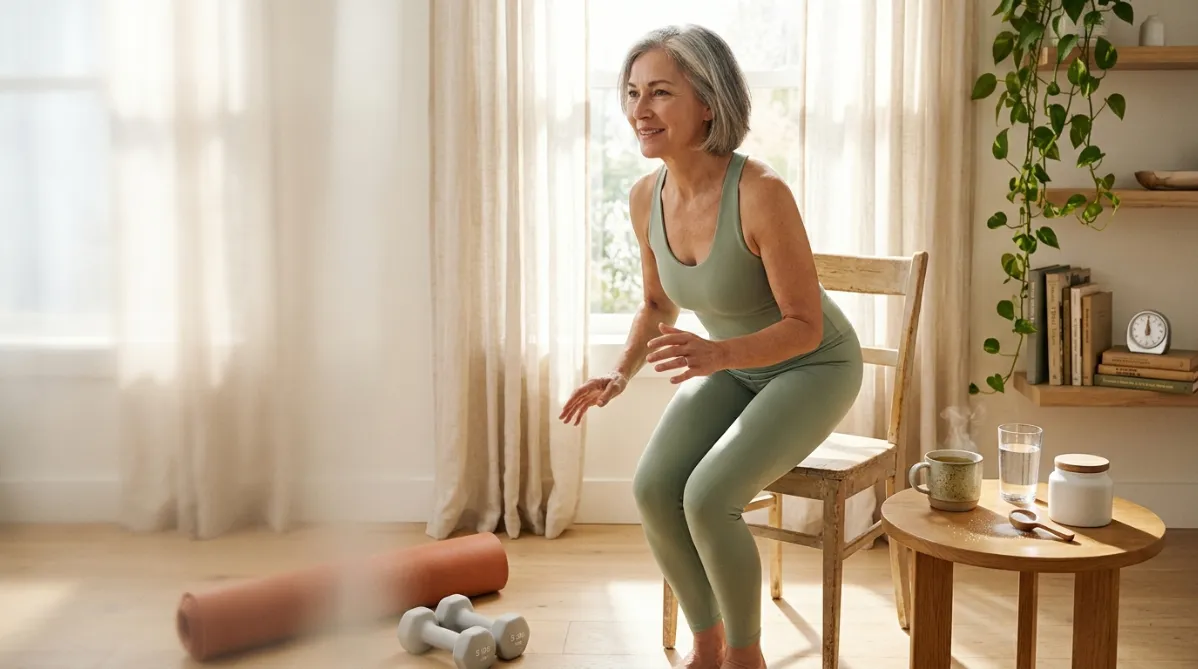 A wide landscape editorial photograph of a bright, airy sunlit living room with pale oak floors and a large window with sheer linen curtains. In the center, a woman in her late 50s with silver-streaked hair, wearing soft sage-green athletic wear, rises from a simple wooden chair, caught mid-motion with a calm, determined expression. Her hands are lightly extended forward for balance. Beside her on a small round oak side table sits a ceramic mug of tea, a glass of water, and a small matte white jar with a wooden scoop resting beside it, a few fine white crystalline grains scattered on the tabletop. In the soft-focus foreground, a pair of light-gray dumbbells and a rolled terracotta-colored yoga mat rest on the floor. A trailing green pothos plant spills from a shelf in the background, with a stack of books and a small analog kitchen timer nearby.

The color palette is warm and muted: cream, sage green, soft terracotta, natural wood, and gentle morning-gold light. Light streams diagonally across the scene, creating long soft shadows and a subtle glow on the woman's shoulders. Shallow depth of field blurs the background gently, while the woman and the table remain crisp. The composition follows the rule of thirds, with the woman on the right and generous negative space on the left, suited for headline overlay. The mood is hopeful, grounded, and modern, like a high-end wellness magazine or a trendy health journal. Natural film-like grain, soft contrast, and a slight matte finish give it a contemporary lifestyle photography feel. There are no futuristic elements, no digital overlays, and no text.