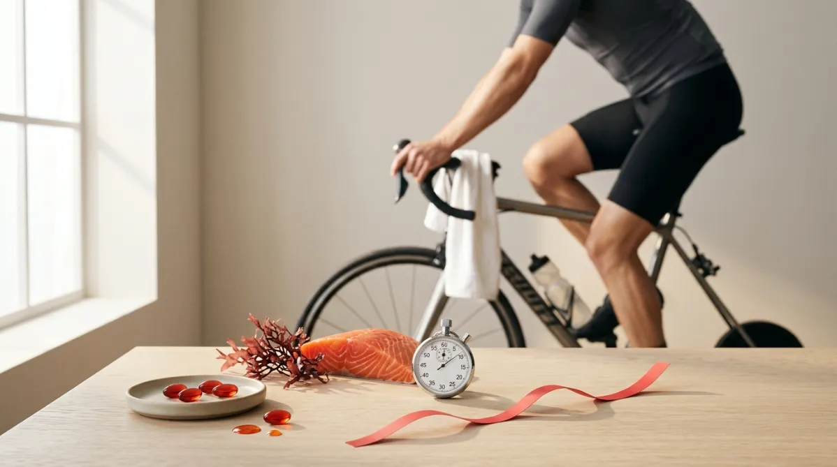A cyclist's legs mid-pedal on a stationary road bike, shot in a bright, airy, minimalist studio with a soft warm-grey backdrop. In the foreground on a pale oak table sits a small ceramic dish holding four deep coral-red softgel capsules, with a few translucent droplets of red-orange oil glistening beside them. Beside the dish is a sprig of dried red microalgae-toned seaweed and a halved wild salmon fillet, its coral flesh echoing the capsule color. Behind the table, slightly out of focus, a cyclist in a fitted charcoal jersey and matte black shorts rides a bike on an indoor trainer. Only the torso and legs are visible, with no face. A white towel hangs over the handlebars and a clear water bottle catches the light.

Soft diffused morning light streams from a large window on the left, creating long gentle shadows and a subtle golden-hour glow on the skin and the glossy capsules. The palette is restrained and editorial: warm cream, sand, soft grey and charcoal, with vivid coral-red as the single accent color. A minimalist analog stopwatch with a clean white face sits on the table, its hands near the 85-minute mark. A thin, elegant line-graph shape is subtly suggested by a curved strip of red ribbon lying on the table, rising from left to right to hint at the performance gain without any text.

The composition follows the rule of thirds, with the capsules and stopwatch in the lower left and the cyclist's motion-blurred legs sweeping across the right. Shallow depth of field, crisp macro detail on the capsules, and a fine film-like grain. The overall feel is a modern health and science magazine cover: clean, calm, sophisticated, and natural, with negative space in the upper area for a headline. There are no futuristic elements, no glowing effects, no laboratory equipment, and no text or logos. Landscape 16:9 format.