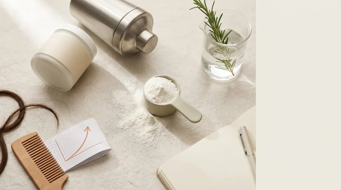A bright, modern editorial flat-lay photographed from above on a soft off-white stone surface. At the center sits a matte ceramic scoop heaped with fine white creatine powder, with a loose dusting of powder fanning out across the surface. Beside it is a minimalist frosted-glass jar with a plain label and a brushed-steel shaker bottle lying on its side. To the left, a wooden comb and a small folded strip of graph paper with a single hand-drawn upward curve in muted terracotta ink, suggesting a data spike without any text. A few loose strands of dark brown hair curve elegantly across the stone near the comb. To the right, a clean glass beaker filled with water and a sprig of green rosemary, and an open notebook with blank pages and a sleek pen. The palette is warm neutrals: cream, sand, soft sage green, and a single accent of terracotta orange. Natural window light falls from the upper left, casting long, gentle shadows and a subtle diffused glow. The composition leaves generous negative space on the right third for title overlay. Shallow depth of field with crisp focus on the powder scoop, a premium health-and-science magazine look, minimalist, calm, and trendy, with fine grain and soft contrast. Landscape 16:9 framing.