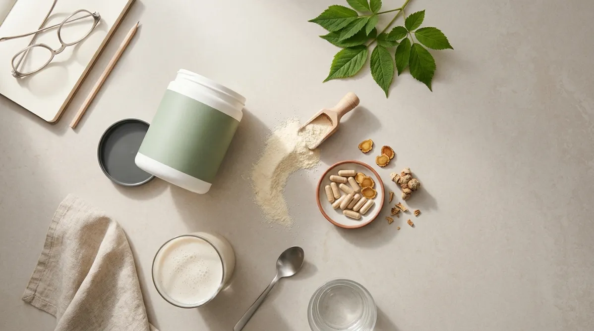 A clean, editorial flat-lay photograph shot from above on a pale warm-grey stone countertop, bathed in soft diffused morning light from the left. At the center sits a matte white supplement tub with a minimal sage-green label, its lid resting beside it. A small wooden scoop spills fine cream-colored whey powder in a gentle arc across the surface, creating delicate natural texture and soft shadows. Next to the powder, a small ceramic dish holds a handful of pale tan capsules and a few tiny golden-brown ginseng root slices and fragments of dried Panax notoginseng root, hinting at the botanical origin of the ingredient. A sprig of fresh green leaves with serrated edges adds a touch of organic color on the upper right.

In the foreground, a tall glass of milky shake with a subtle frothy surface, condensation beads on its sides, sits beside a folded linen napkin in oatmeal tone. A slim brushed-steel spoon and a minimal glass of water complete the arrangement. A pair of simple, elegant reading glasses and a closed notebook with a thin pencil rest at the upper left, suggesting a researcher's desk and a thoughtful review of data, with no legible text visible.

The palette is soft and modern: warm cream, sage green, muted terracotta, pale wood, and gentle off-white, with one small accent of deep amber from the ginseng slices. Composition follows the rule of thirds with generous negative space on the right side for title overlay. Shallow depth of field, crisp focus on the powder and capsules, with the edges gently softened. The mood is calm, trustworthy, and wellness-focused, evoking a contemporary health and science magazine aesthetic. High-resolution, natural color grading, subtle film grain, minimal and airy, 16:9 landscape.
