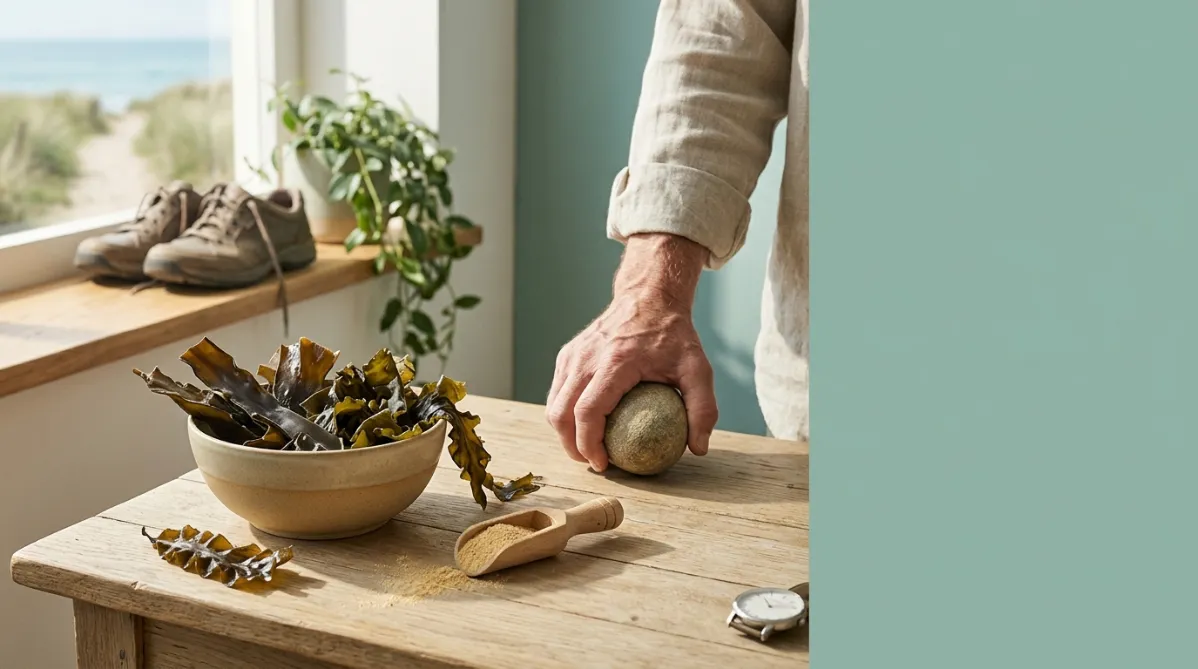 A wide, softly lit editorial photograph of a rustic light-oak table by a sunny window. On it, a handful of dried brown kelp and wakame seaweed fronds spill from a handmade matte ceramic bowl in warm sand tones, their glossy, ruffled edges catching the light. Beside the bowl sits a small wooden scoop holding fine golden-beige powder, with a little of it dusted across the table. In the middle ground, an older adult's weathered but strong hand grips a smooth, rounded river stone, with the knuckles and tendons subtly emphasized to suggest strength and vitality. Only the hand and part of a forearm in a soft oatmeal linen sleeve are visible.

In the background, slightly out of focus, a pair of worn leather walking shoes rests on a windowsill next to a trailing green plant. Beyond the window, a blurred coastal path winds through dune grass toward a pale blue sea, hinting at walking and an active daily life. A simple analog wristwatch lies on the table's edge, a quiet nod to the twelve-week timeline.

The palette is muted and natural: sage green, warm sand, soft ocean teal, and creamy off-white, with deep olive-brown accents from the seaweed. Morning light streams in from the left, casting long, gentle shadows and a faint golden glow. The depth of field is shallow, with crisp focus on the hand and seaweed and a creamy bokeh background. The composition follows the rule of thirds, with the hand and bowl on the left and generous negative space on the right for headline text. The mood is calm and hopeful, with a clean, contemporary wellness-magazine feel. The image is shot as if on a 50mm lens with subtle film grain and a natural, uncluttered, tactile look.