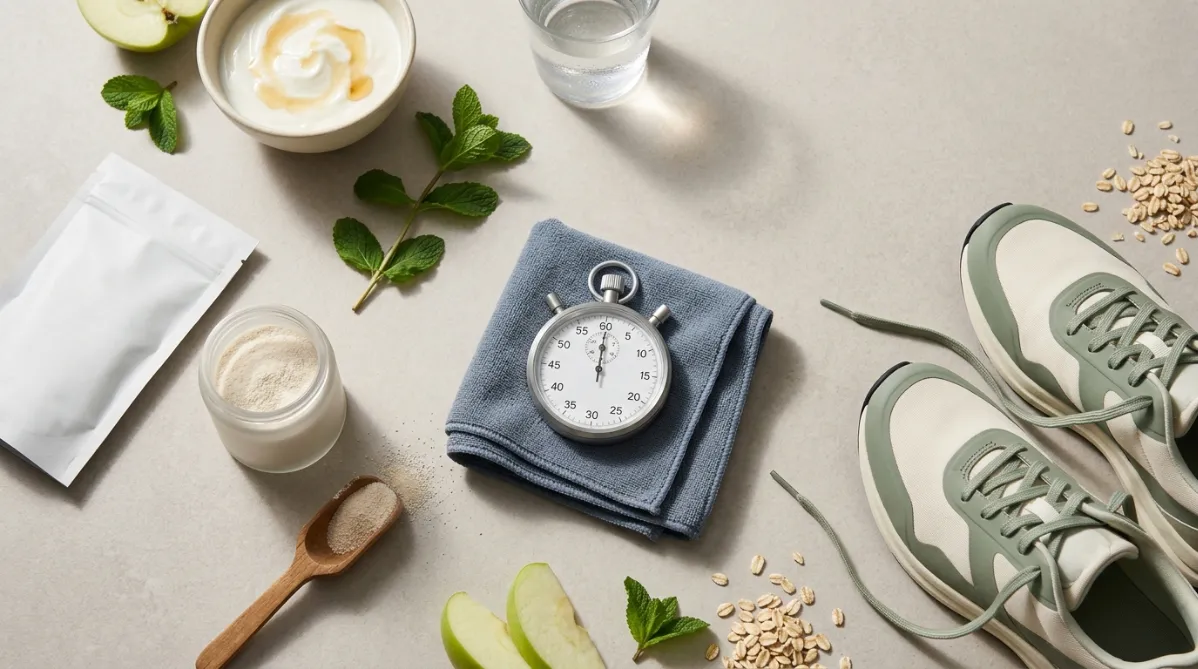 A wide, editorial-style flat lay photographed from above on a pale, warm-gray stone surface lit by soft natural window light. On the left, a matte white supplement sachet and a small frosted glass jar of off-white probiotic powder sit beside a wooden scoop dusted with fine granules. In the center, a modern minimalist stopwatch with a brushed silver case and crisp white face rests on a folded slate-blue running towel, its hands frozen just past the half-minute mark. On the right, a pair of sleek running shoes in cream and sage green are angled diagonally, with a few strands of laces trailing across the surface. Scattered around the arrangement are fresh, natural gut-health cues: a halved kefir-colored ceramic bowl of creamy yogurt with a drizzle of honey, a few sprigs of fresh mint, sliced green apple, and a handful of raw oats. A small glass of water with delicate condensation catches a soft highlight in the background. The color palette is calm and refined: sage green, cream, soft slate blue, and touches of warm honey gold against the neutral stone. Shadows are long and gentle, creating depth and a quiet, premium wellness-journal mood. The shallow depth of field softly blurs the edges, leaving the stopwatch and probiotic jar in crisp focus. Negative space on the upper right of the composition leaves room for a headline overlay. The overall feel is clean, modern, and trendy, like a contemporary health and sports science magazine cover, with realistic textures, natural tones, and no futuristic or digital elements.