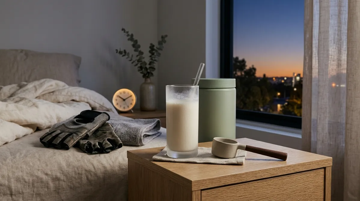 A quiet bedside scene at dusk, shot in soft natural light with a shallow depth of field. A tall frosted glass of creamy, pale-white shake sits on a light oak nightstand, with a thin film of condensation on the glass and a faint milky residue near the rim. Beside it, a matte ceramic scoop rests on a small linen coaster. A minimalist tub of unbranded protein powder in muted sage green sits slightly out of focus in the background.

To the left, a neatly made bed with oatmeal-colored linen sheets and a rumpled cream duvet. A pair of worn lifting gloves and a folded gray gym towel sit on the edge of the bed, suggesting an evening workout just finished. A small analog alarm clock reads about 10:30 PM, its soft face glowing faintly. A sprig of dried eucalyptus in a small stoneware bud vase adds an organic touch.

Through a large window on the right, deep indigo twilight fades into a warm amber horizon, and the last light spills across the wall in long, gentle gradients. A sheer curtain moves slightly. The palette is warm neutrals (cream, oak, sand, soft terracotta) with a few muted blue-violet accents from the evening sky.

The composition uses the rule of thirds, with the glass at the left-center foreground and generous negative space on the right, where headline text could sit. The mood is calm, restorative, and editorial, like a modern wellness and nutrition journal. The lighting is gentle and diffused, with subtle film grain and slightly lifted shadows. The textures of linen, wood, glass, and ceramic are crisp. The image is clean and uncluttered, with no text, logos, or people, and no futuristic or sci-fi elements.