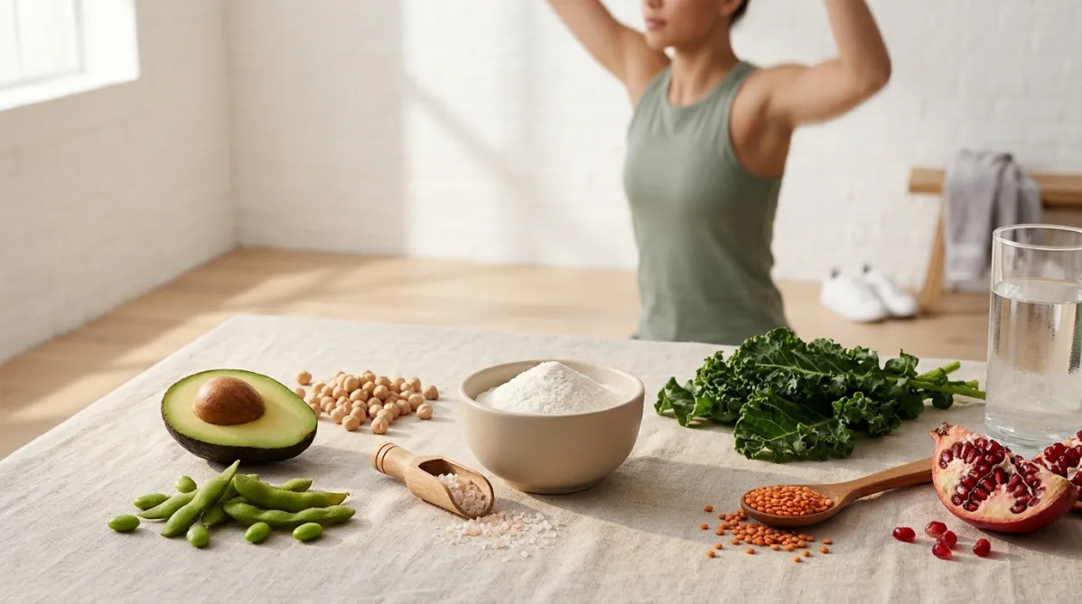 A wide, softly lit editorial still life on a pale oatmeal-colored linen surface. In the center sits a small matte ceramic bowl of fine white creatine powder, with a wooden scoop resting beside it and a few loose pale crystals scattered across the linen. Around the bowl, a fresh plant-based spread is arranged in an organic, uncluttered way: a halved avocado, a handful of chickpeas, bright green edamame pods, a cluster of dark leafy kale, a few red lentils spilled from a small wooden spoon, and a split pomegranate with glossy ruby seeds. A tall glass of water with condensation stands on the right, catching a sliver of window light.

In the soft-focus background, a young athlete in a muted sage-green tank top is mid-jump in a bright, minimalist studio with whitewashed brick walls and pale hardwood floors. The figure is slightly blurred and only partly in frame, which gives a sense of motion and vertical lift without pulling attention from the foreground. A pair of clean white sneakers and a folded gray towel sit on a low wooden bench nearby.

The light is warm natural morning daylight from the left. It casts gentle long shadows and subtle highlights on the powder and the glass. The palette is earthy and calm: cream, sage green, terracotta, warm wood tones, and small pops of avocado green and pomegranate red. The depth of field is shallow, with crisp focus on the bowl and scoop. The composition leaves generous negative space on the upper left for a title overlay, in the clean, contemporary style of a modern health and science magazine. Photographic, high-resolution, refined, and minimal.