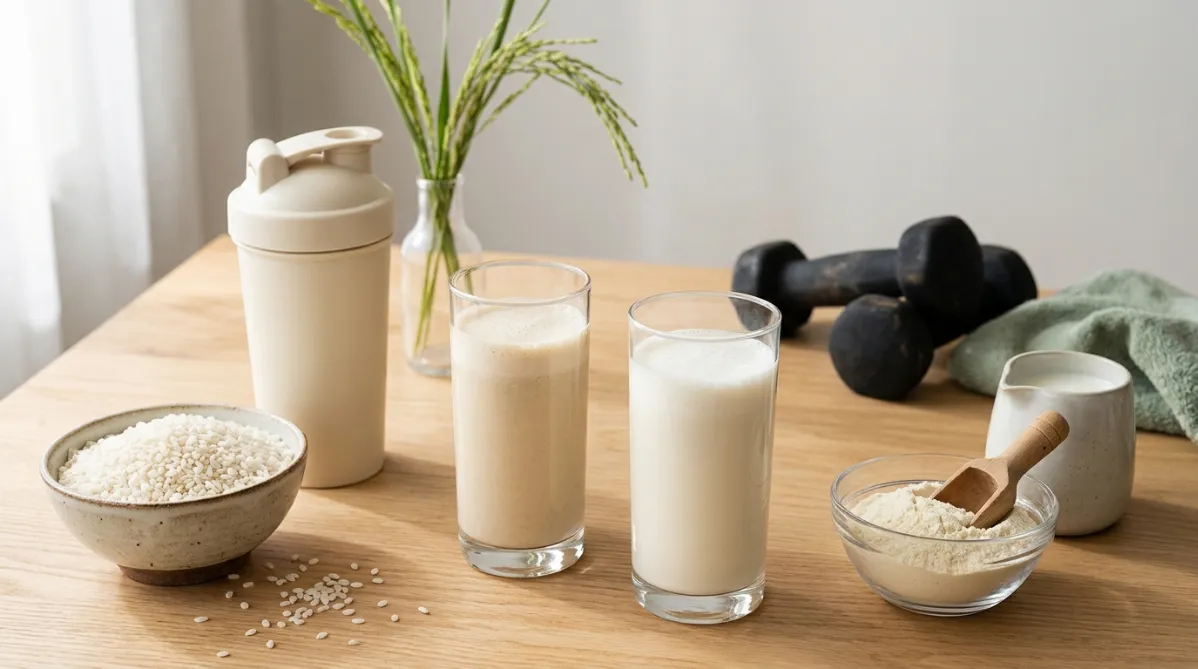 A bright, minimalist editorial still life on a pale oak table, shot from a slightly elevated three-quarter angle in soft natural window light. On the left sits a rustic ceramic bowl of uncooked short-grain white rice, with a few grains scattered across the wood. Beside it is a matte cream-colored shaker bottle. On the right is a small glass bowl of fine ivory whey powder with a wooden scoop resting in it, and a small pitcher of milk behind it. Two identical tall glasses of creamy, lightly frothed shake stand side by side in the center, one a touch warmer beige and the other a soft white. They suggest equal outcomes without any text or labels. A pair of worn black neoprene-coated dumbbells and a folded sage-green gym towel sit slightly out of focus in the background. A sprig of green rice stalks in a slim vase adds a fresh, natural accent.

The palette is warm neutrals: cream, oatmeal, soft sage, and muted terracotta, with gentle shadows and a shallow depth of field. The surface has subtle grain, and fine powder dust is caught in the light. The composition is clean and balanced, with generous negative space on the upper right for a headline overlay. The mood is calm, modern, and health-forward, like a contemporary nutrition magazine or wellness journal. Photorealistic, crisp detail, creamy bokeh, and a gentle matte film-like finish.